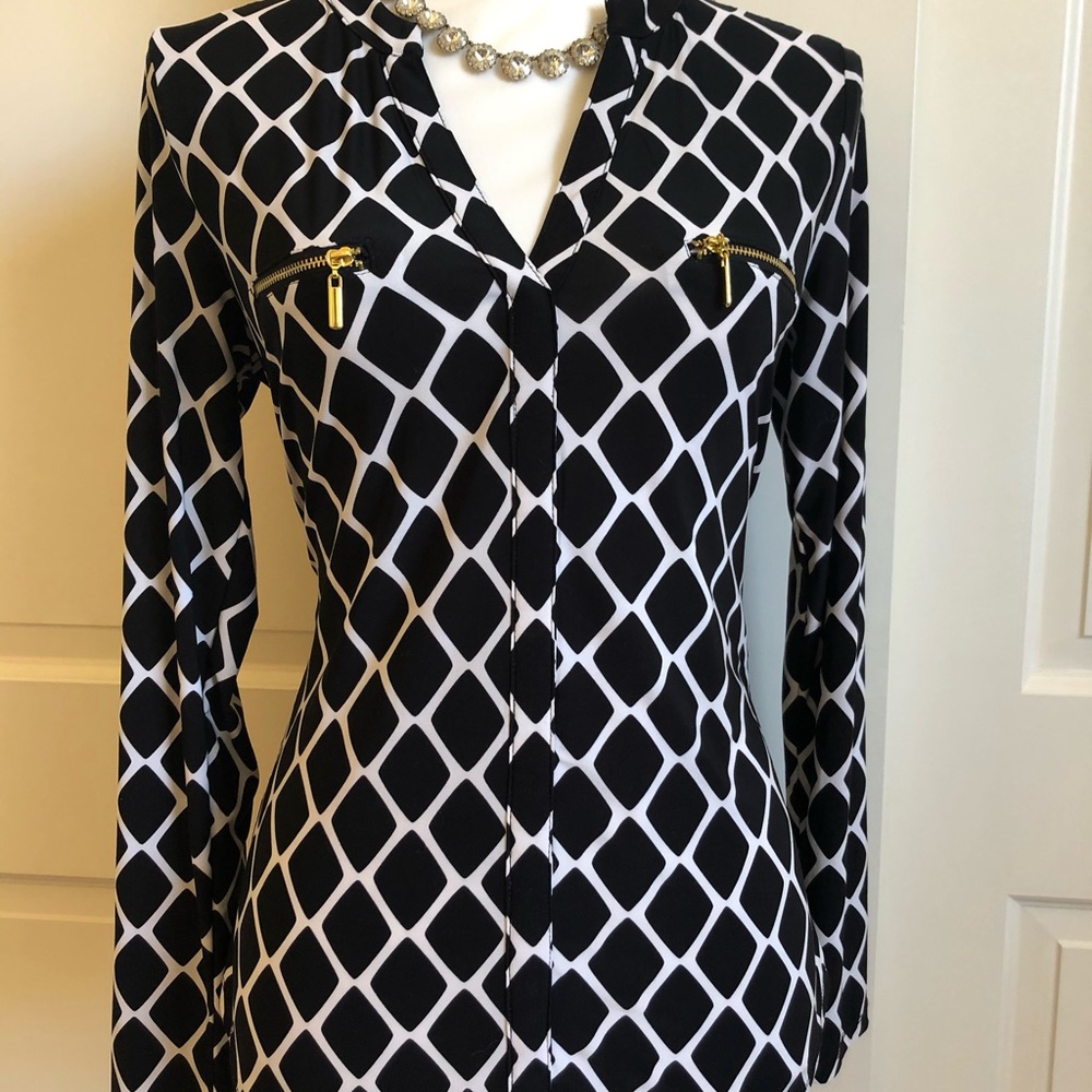 INC Black & White Top with Gold Zip Accent